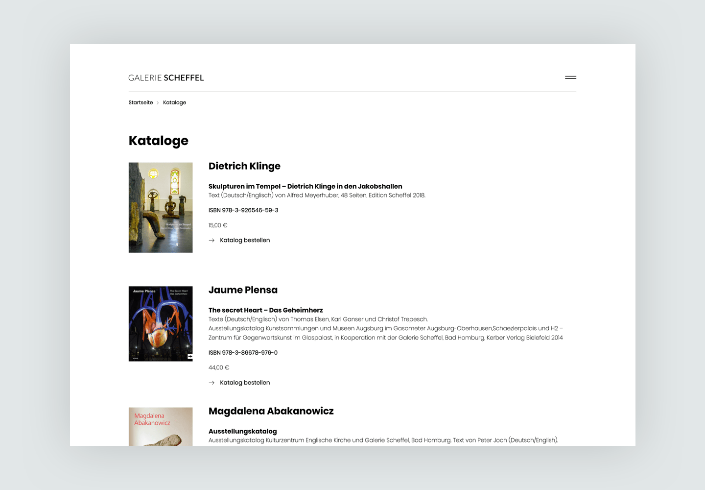 Galerie Scheffel Website - Auslistung Kataloge Ansicht
